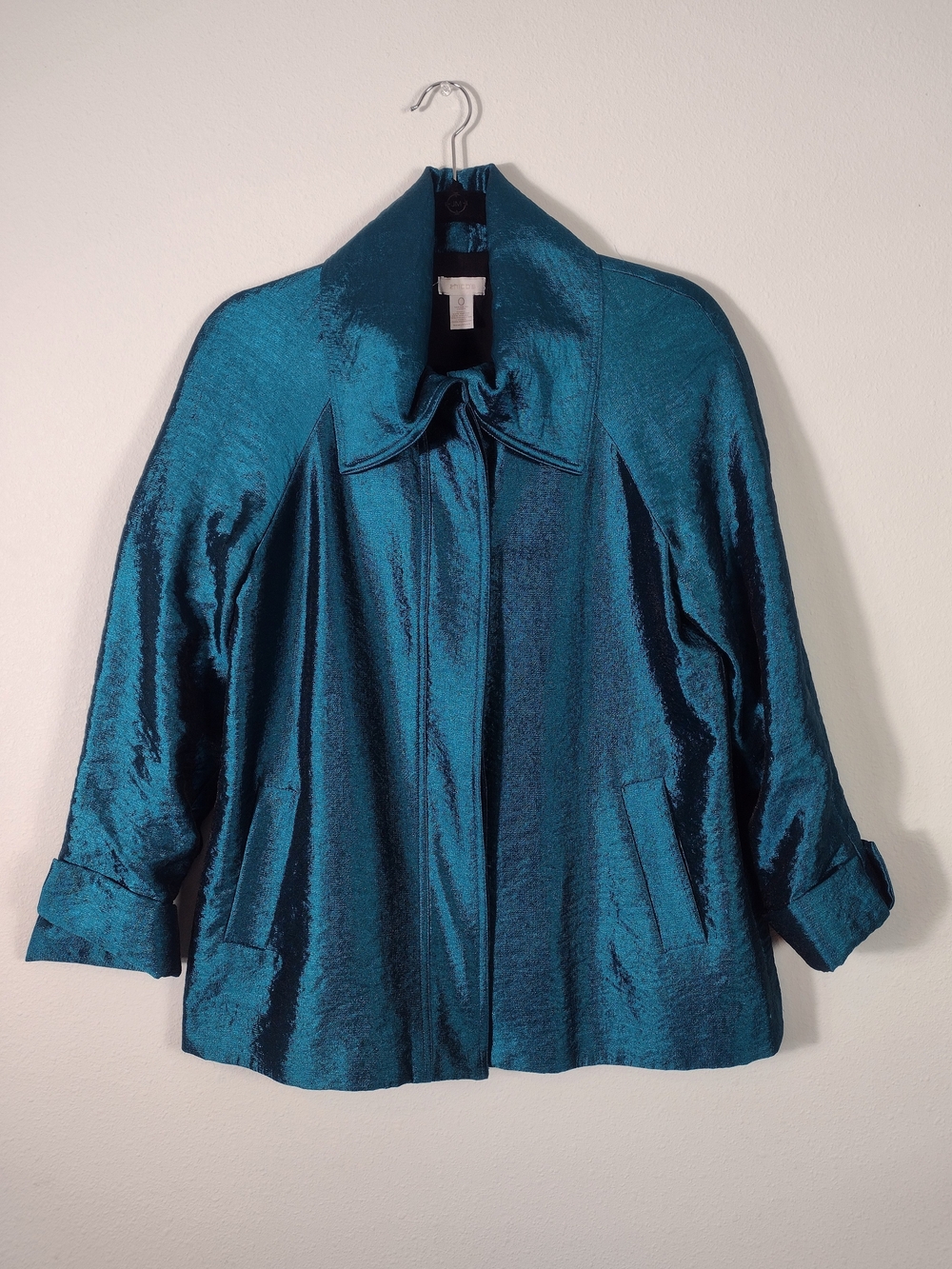 Chico's Teal Shimmer Wide Collar Jacket 3/4 Cuffed Sleeve Size 0 Small